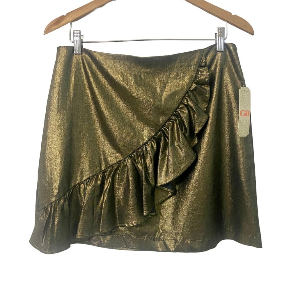 Gianni Bini Mini Skirt Ruffles Iridescent Green Copper Gold Stretch Size Large